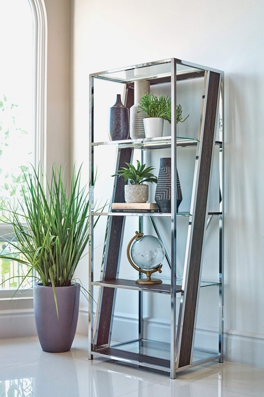 Etagere Bookcase, Grey Washed Shelves Chrome, Glass Top X-Frame
