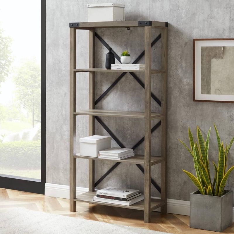 Etagere Bookcase in Grey Wash Finish with Metal X-Brace Back
