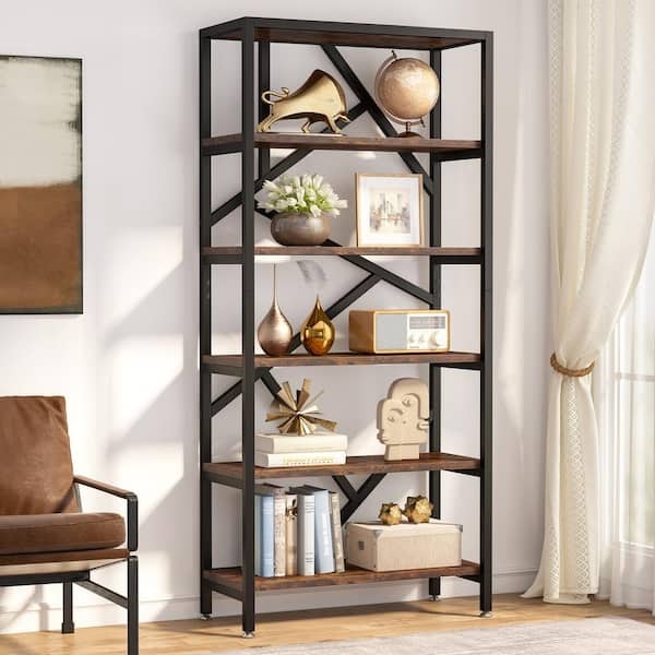 Etagere Bookcase, Industrial X-Brace Support, Rustic Brown & Black