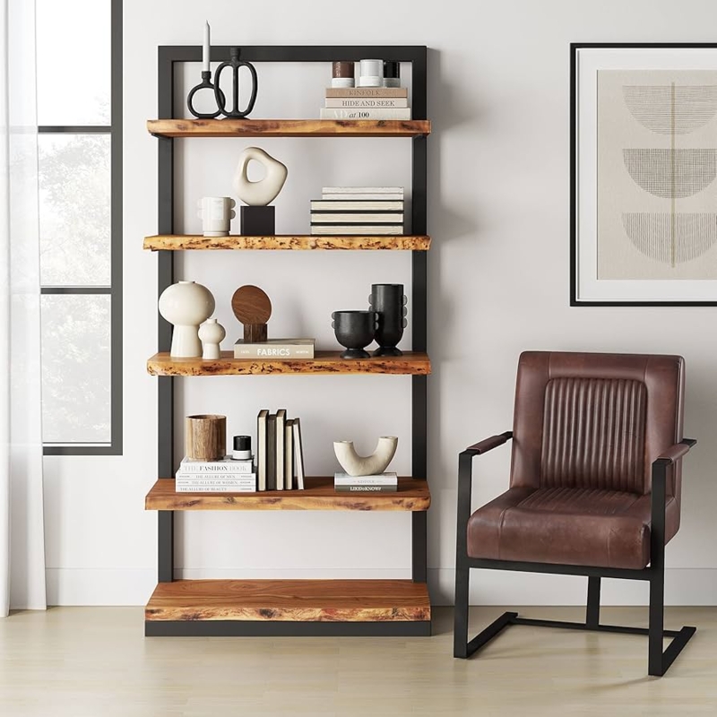 Etagere Bookcase Live Edge Shelves Black Metal Frame Five Tier