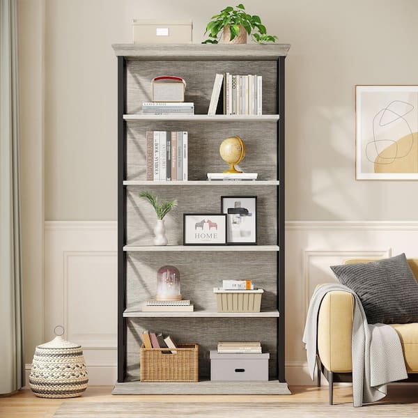 Etagere Bookcase Metal Frame Wood Shelves X-Brace Back