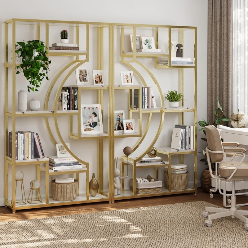 Etagere Bookcase Set White and Gold Geometric Frame Staggered Shelves