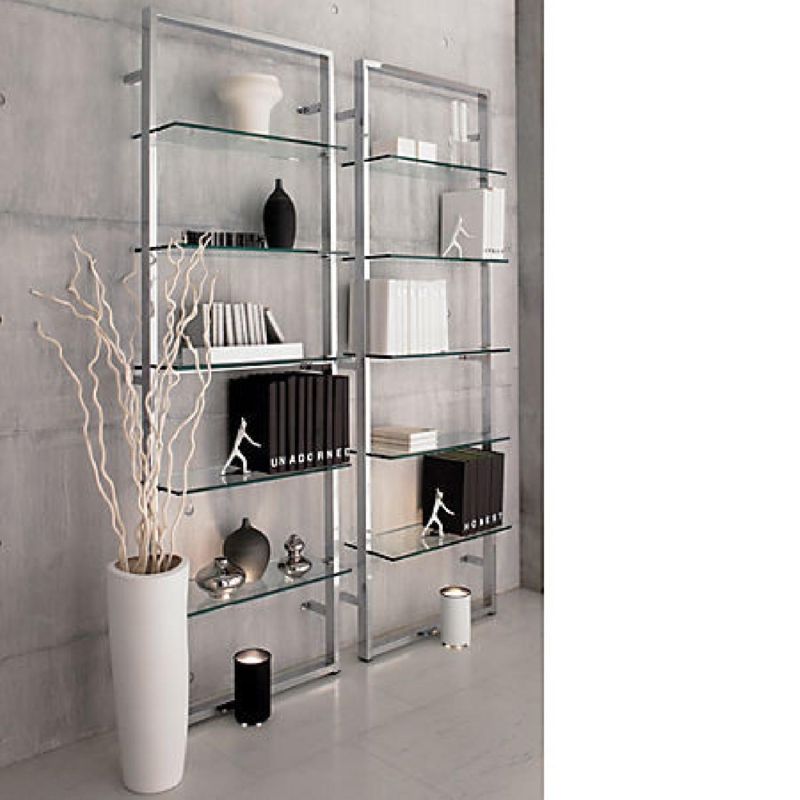 Etagere Bookcase, Slender Frame Chrome, Transparent Glass Shelves