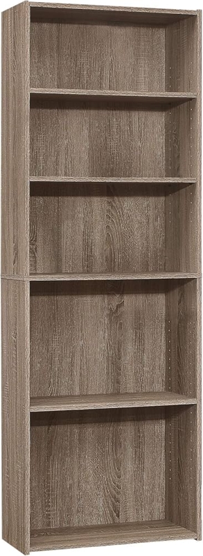 Etagere Bookcase, Thick Side Panels, Five Tier, Dark Taupe.