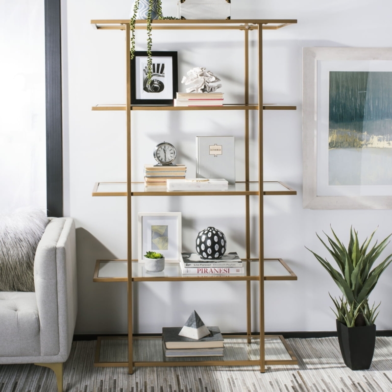 Etagere Bookcase with Clear Shelves and Gold Frame