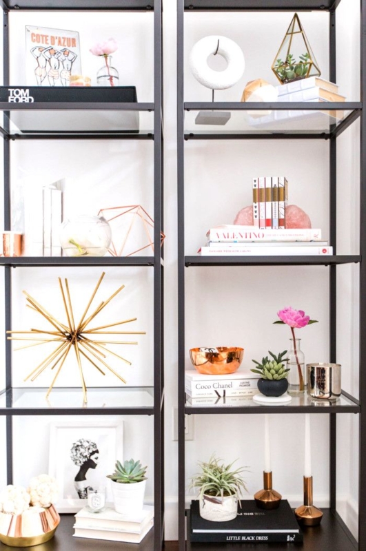 Etagere Bookcase with Glass Shelves and Gold Finish