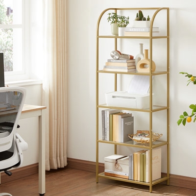 Etagere Bookcase with Glass Shelves and Gold Frame