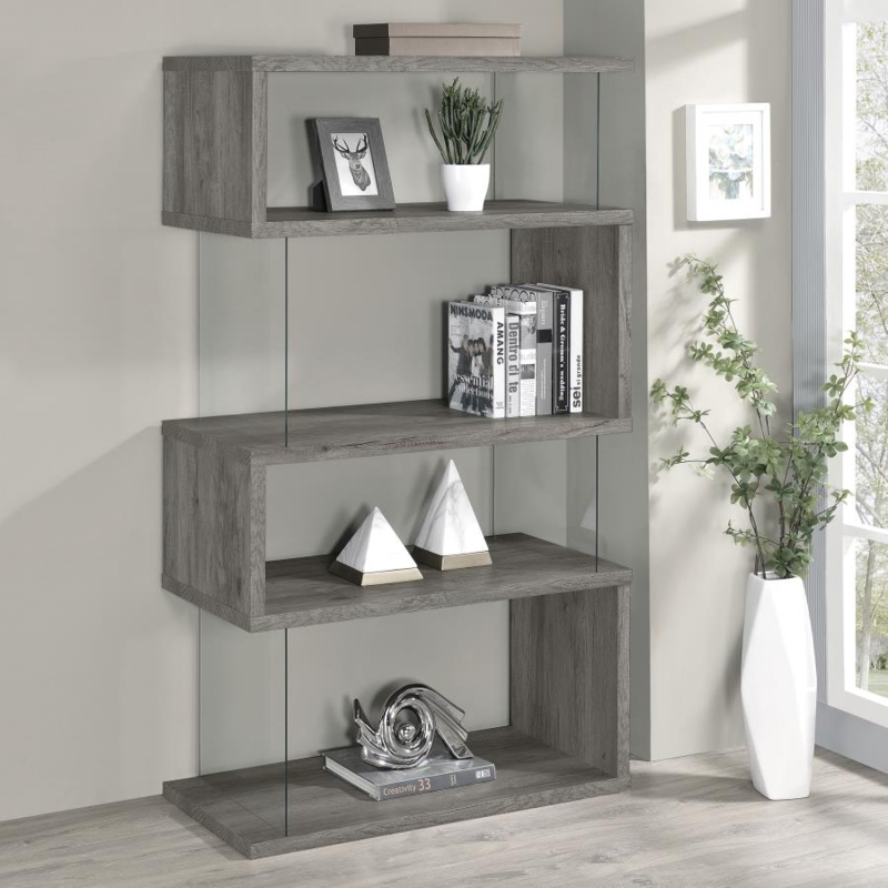 Etagere Bookcase with Glass Side Panels, Contemporary Weathered Grey