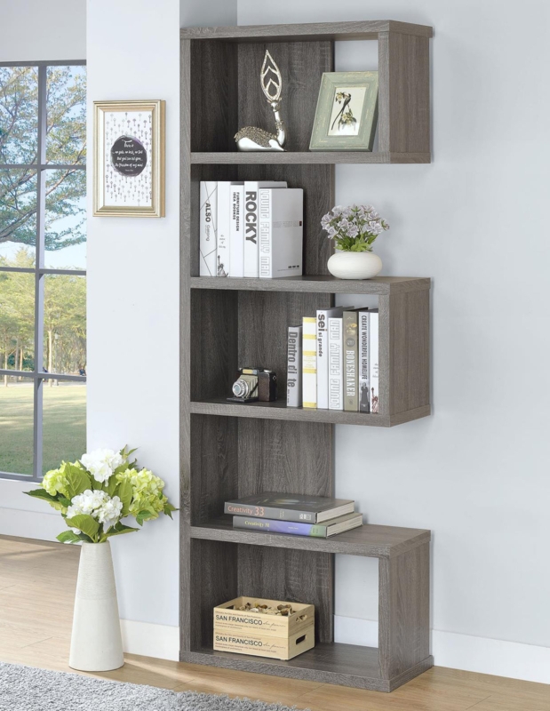 Etagere Bookcase with Unique Z-Frame Design, Weathered Gray Finish