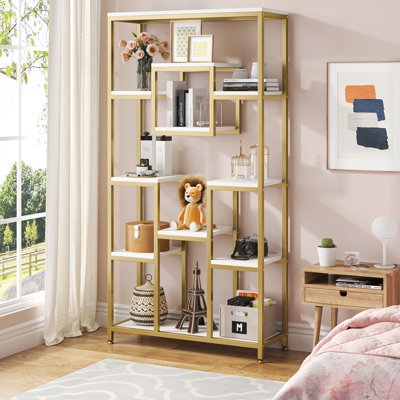 Etagere Bookcase with X-Brace Back and Gold Finish