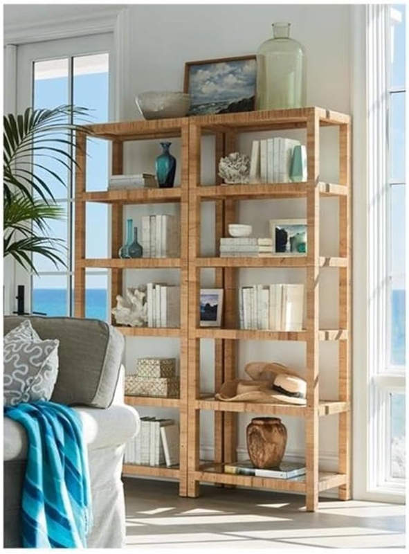 Etagere Bookcase Woven Rattan Frame Glass Shelves Coastal Deco