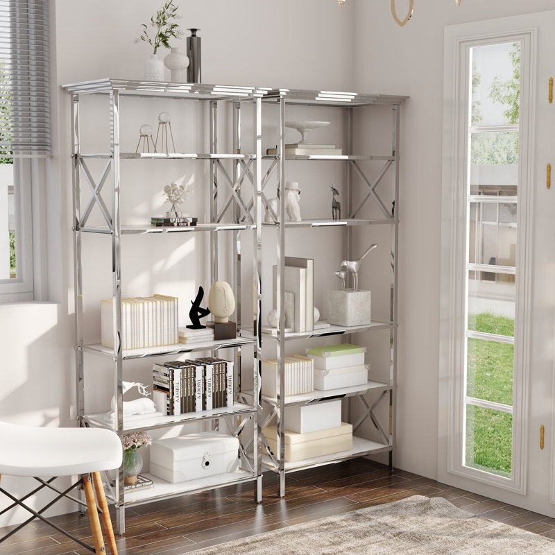Etagere Bookcase X-Frame Sides Polished Silver Narrow Silhouette