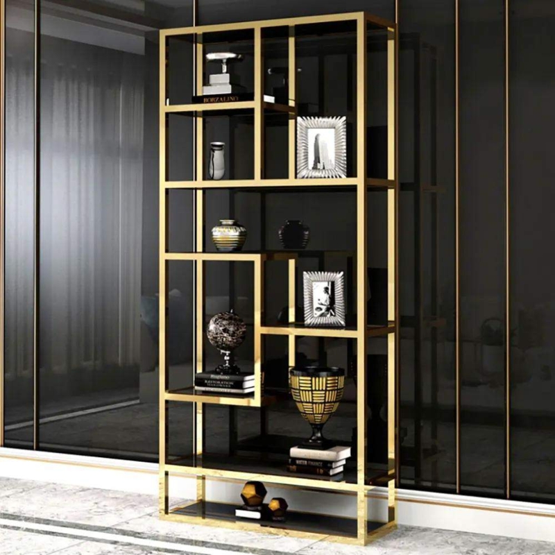 Etagere Bookshelf Black Asymmetrical Tiers Gold Frame Luxury Unit