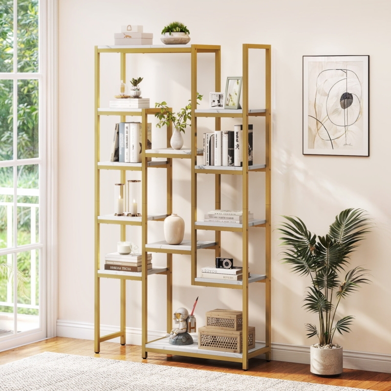 Etagere Bookshelf Faux Marble Staggered Shelves Modern Glam Storage