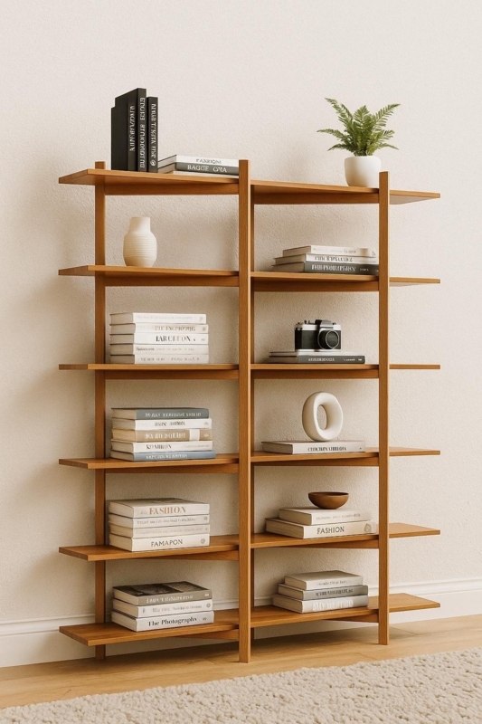 Etagere Bookshelf, Slender Frame, X-Brace, Industrial Modern Wood