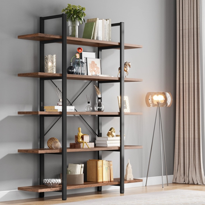 Etagere Bookshelf, Wide 5-Tier Industrial Wood and Metal.