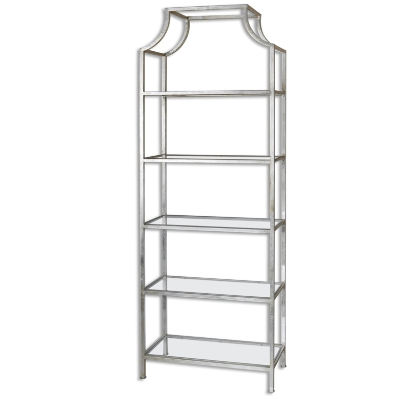 Etagere Geometric Top Motif Polished Silver Glass Open Frame