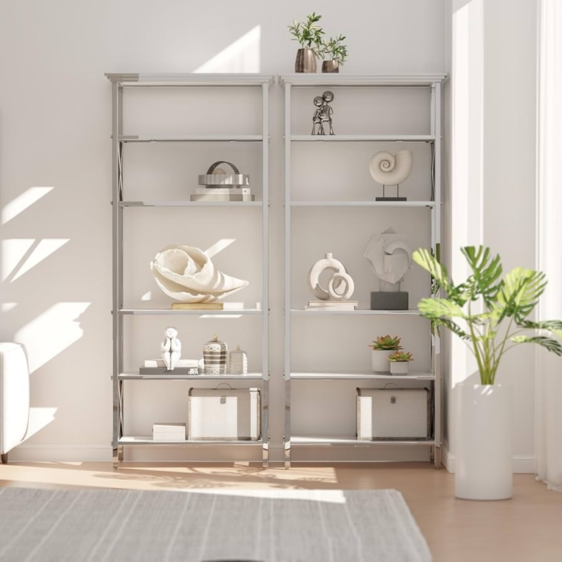 Etagere Set White Glass Shelves Polished Silver 6-Tier Modern Glam