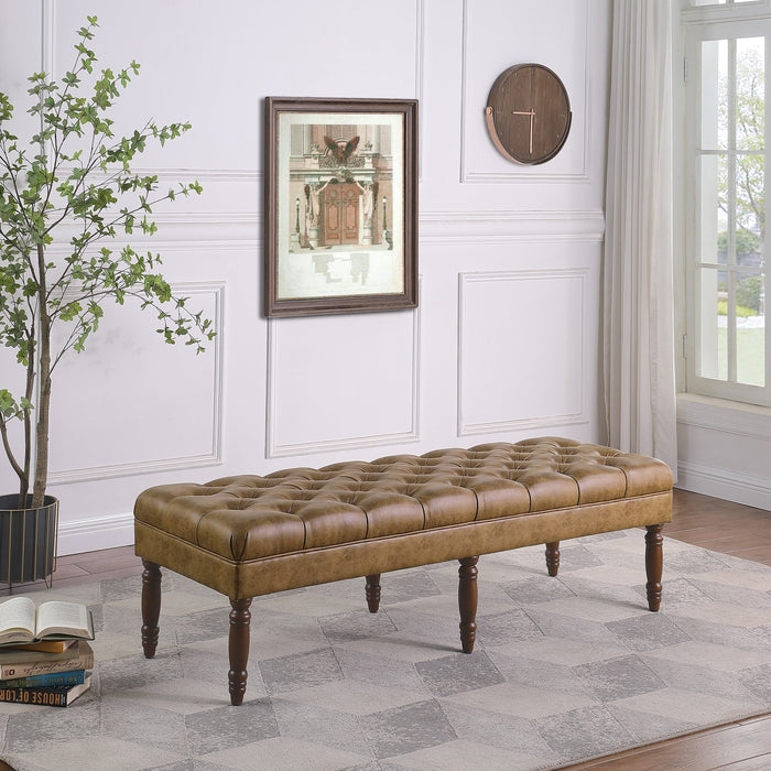 Extra Long Bench Light Brown Deep Tufted Six Turned Legs Classic