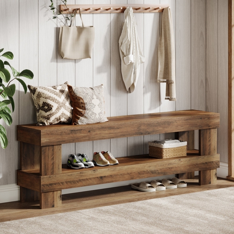 Extra Long Rustic Brown Entryway Bench with Two-Tier Storage