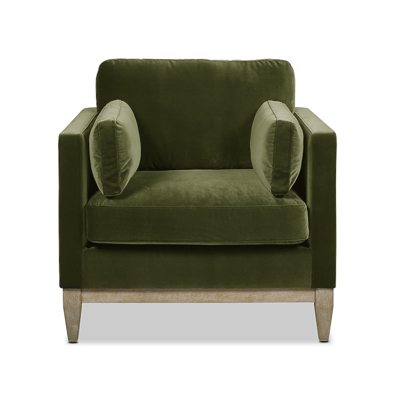 Farmhouse Armchair, Velvet Upholstery & Tapered Wood Legs
