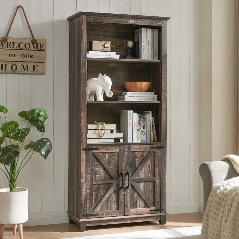 Farmhouse Bookcase, Dark Rustic Oak, Arched Top, X-Brace Barn Doors