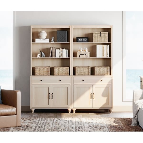 Farmhouse Bookcase with Mesh Cabinet Doors in Light Beige