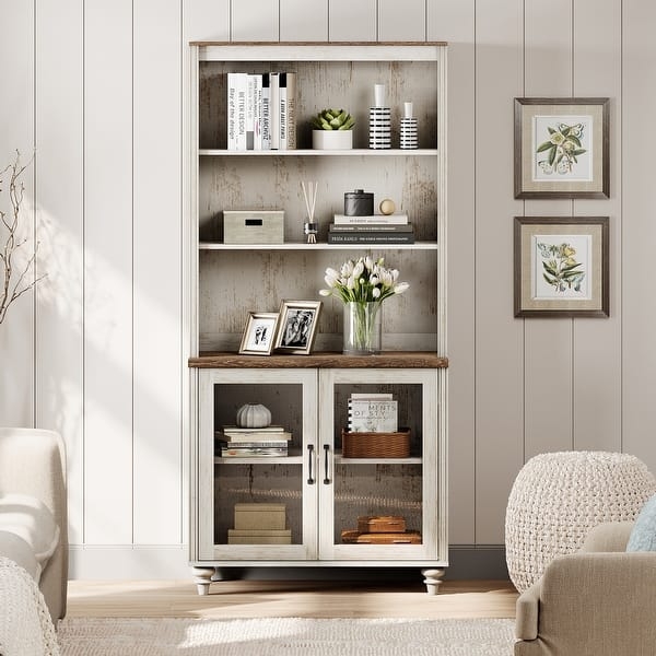 Farmhouse Bookcase With Storage, Whitewashed, Two-Tone, X-Brace Doors
