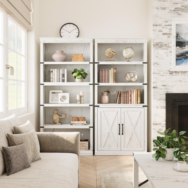 Farmhouse Bookcases Pair, Matte White, X-Frame Glass Cabinet Doors