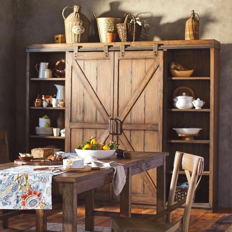 Farmhouse Bookshelf, Dark Burnt Alder Finish, Sliding Barn Doors
