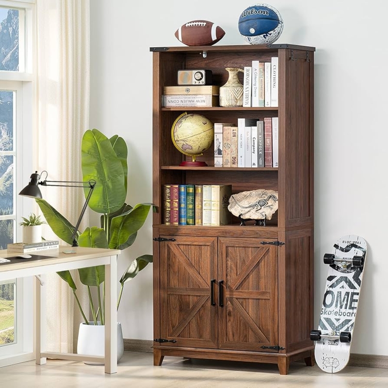 Farmhouse Bookshelf with Sliding Barn Doors and Black Metal Track