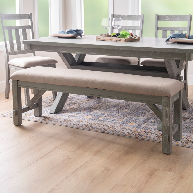 Farmhouse Dining Bench with Tan Fabric Seat and X-Bracing Base