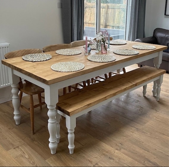 Farmhouse Dining Set, Turned Legs, Two-Toned Wood and White Finish