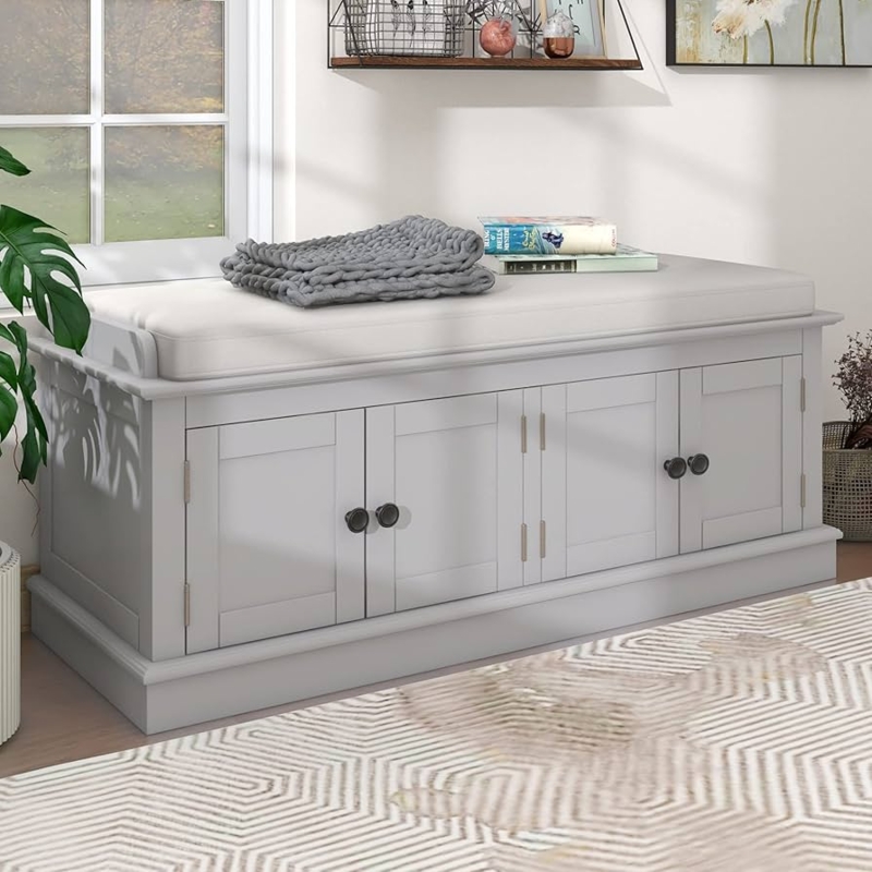 Farmhouse Storage Bench with Four Cabinet Doors and Padded Cushion