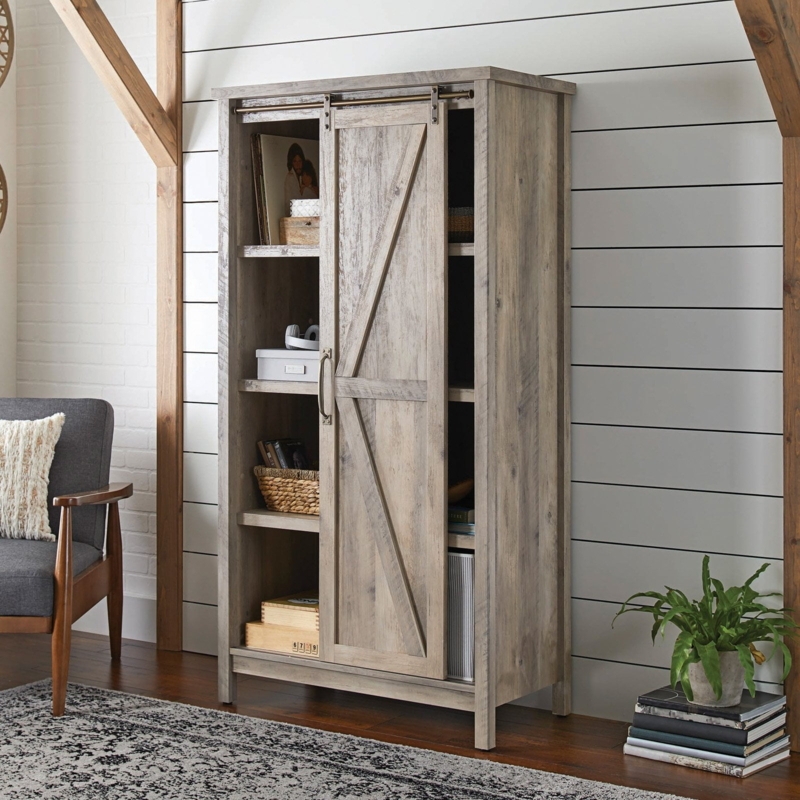 Farmhouse Storage Cabinet, Rustic Gray Finish, X-Brace Doors
