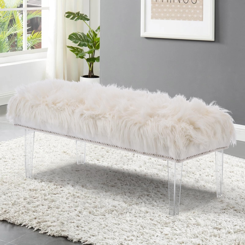 Faux Fur Bench Clear Acrylic Legs Silver Beaded Trim