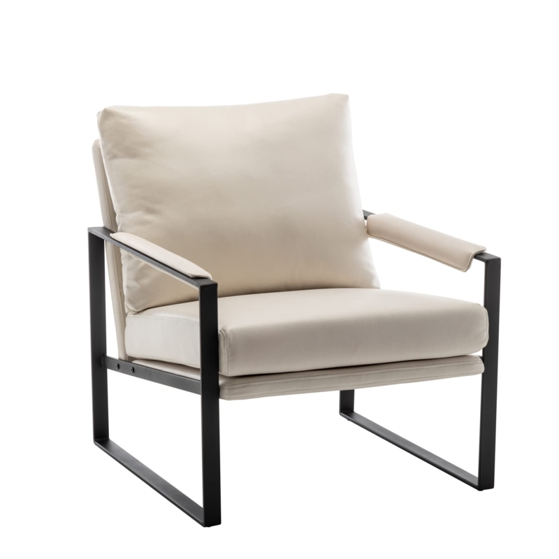 Faux Leather Accent Chair Beige Armrest Wraps Black Metal Frame