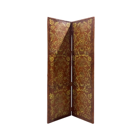 Faux Leather Room Divider with Ornate Gold Floral Damask Pattern