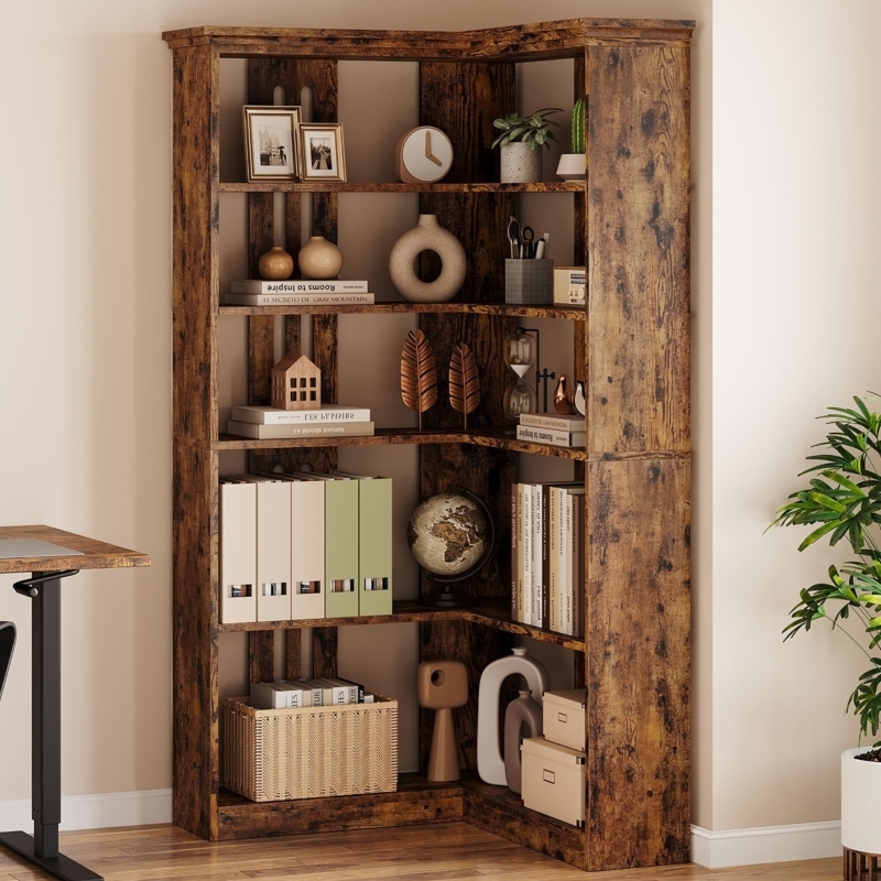 Five-Tier Corner Bookcase, Arched Top, Black Metal & Light Wood