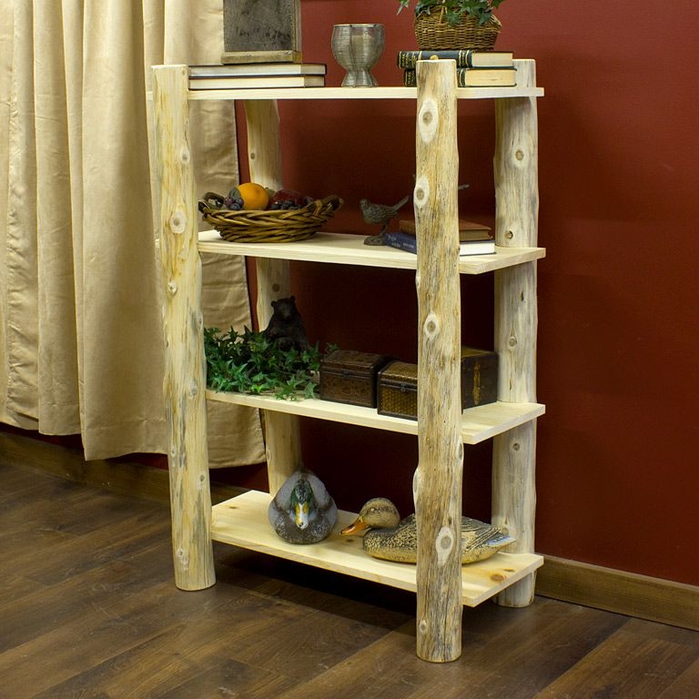 Five-Tier Log Bookcase, Rustic Open Back with Bark Texture