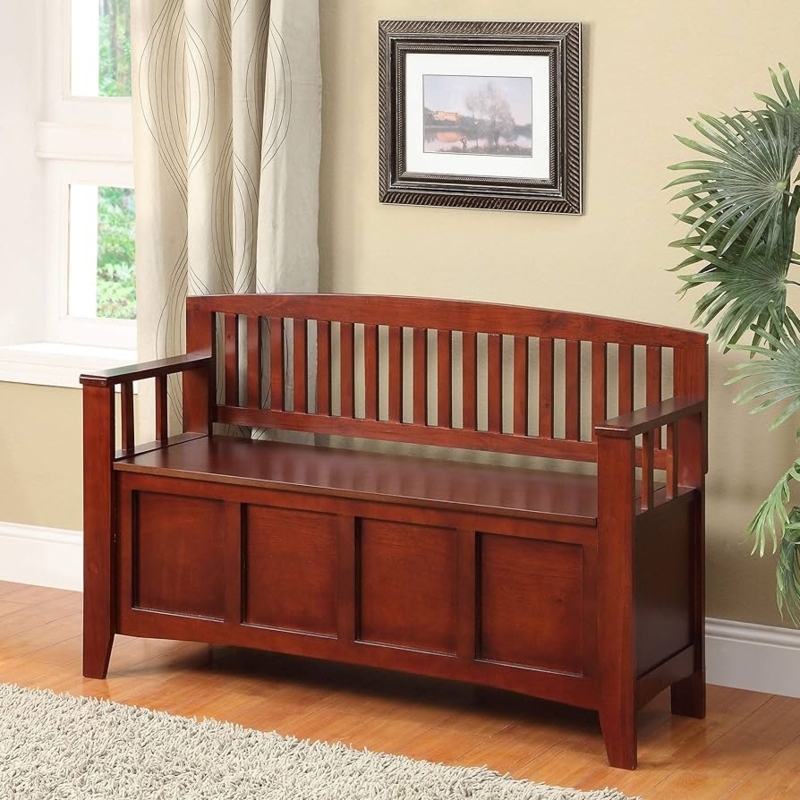 - Flip Top Slat Back Bench Black Brown Rustic Solid Wood Walnut  Finish Backed - Table Benches