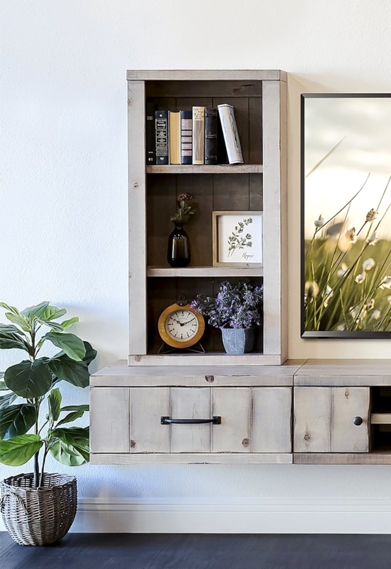 Floating Cabinet Pair, Gray Wood, White Geometric Fretwork Doors