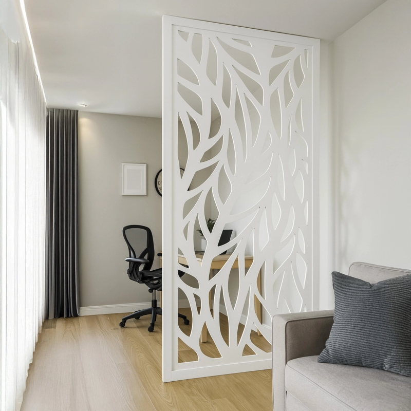 Floor Room Divider Wood Composite Botanical Leaf Cutout Pattern Screen