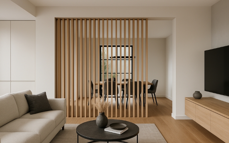 Floor-to-Ceiling Room Divider with Matte Black Geometric Cracked Pattern