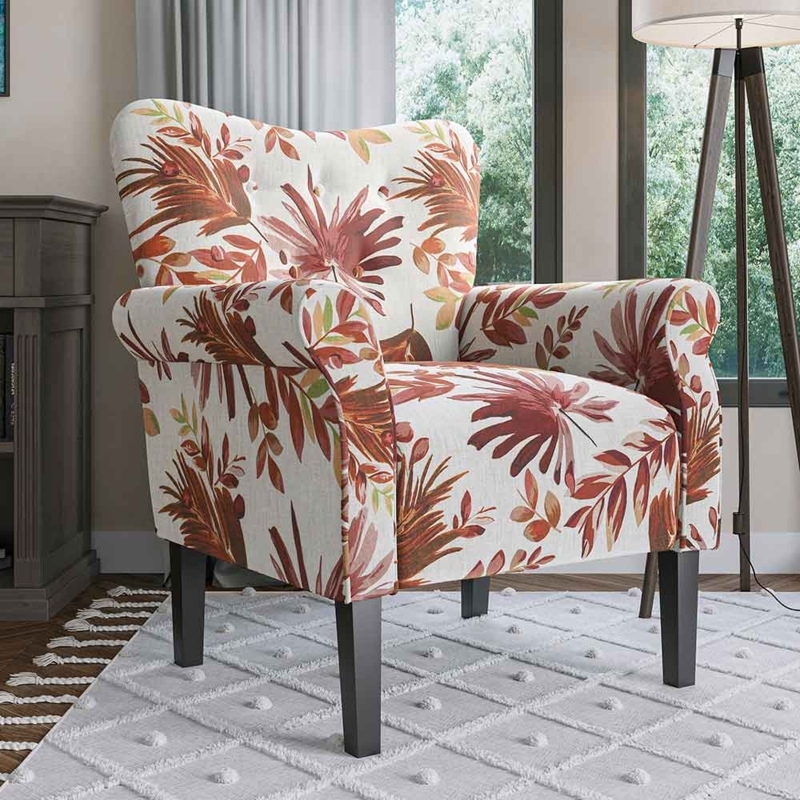 Floral Accent Chair, Red and Cream Pattern with Flared Arms