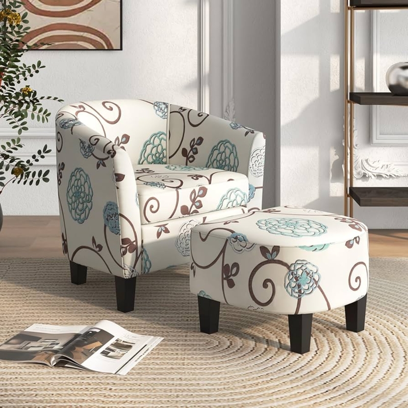 Floral Barrel Chair Set, Vibrant Botanical Print & Tapered Legs