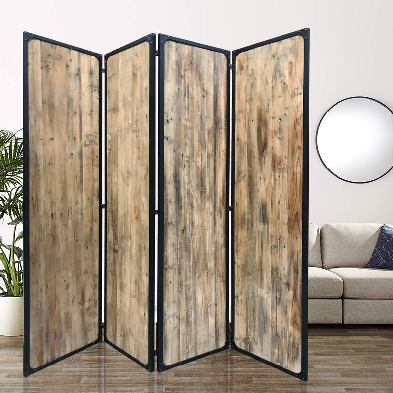 Folding 4-Panel Room Divider with Distressed Wood and Black Metal Frame