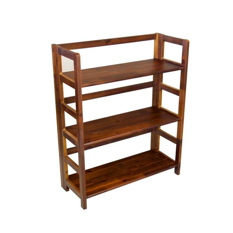 Folding Bookcase Mahogany Wood Slatted Sides Three Tier Design