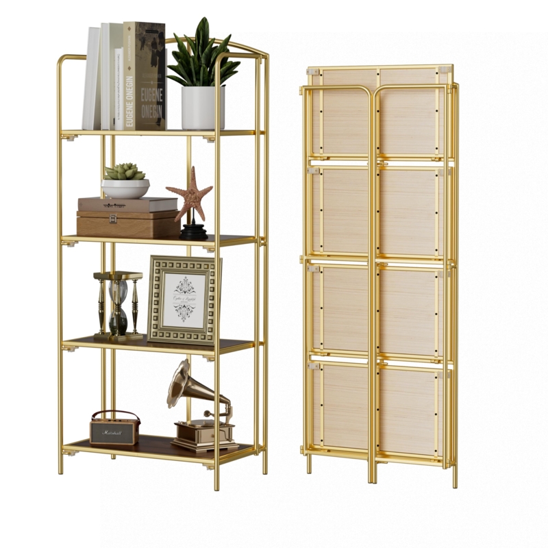 Folding Bookshelf Gold Finish Mesh Shelves Modern Glam Contemporary