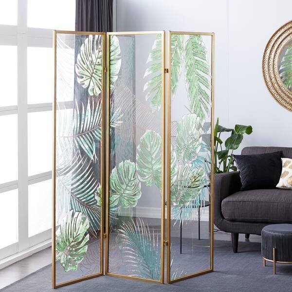 Folding Divider Glass Botanical Print Gold Metal Frame